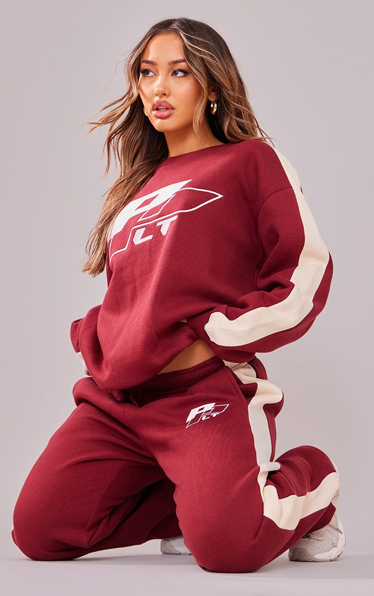 Oversized Embroidered Burgundy Side Panel Suit Set