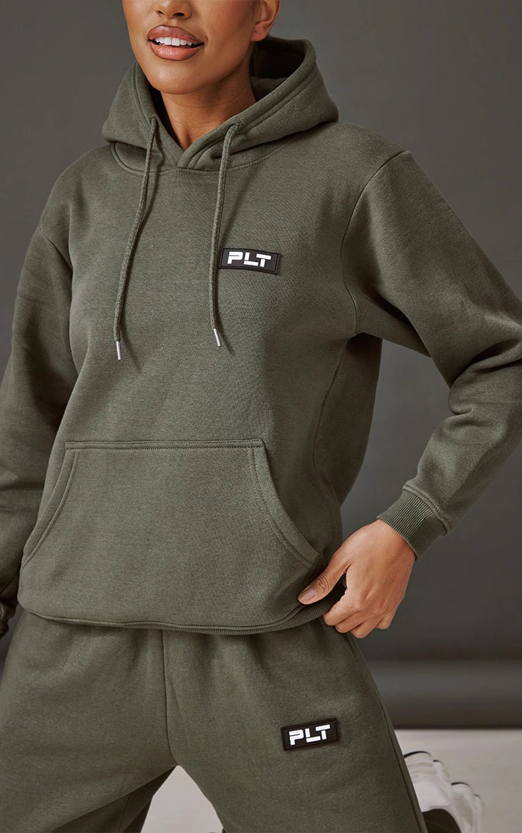 PRETTYLITTLETHING Badge Logo Charcoal Hooded Tracksuit Big